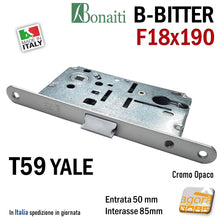 Load image into Gallery viewer, Serratura per porta a battente reversibile Bonaiti B-Bitter T59 eurocilindro cilindro Yale Frontale F 18x190mm Cromo Opaco Argento Entrata 50mm E5cm Interasse 85mm in pronta consegna | Lock for reversible swing door Bonaiti B-Bitter T59 eurocylinder Yale cylinder Frontal F 18x190mm Chrome Matt Silver Entry 50mm E5cm Center distance 85mm ready for delivery