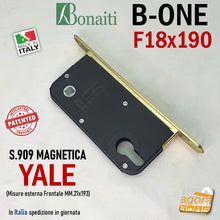 Carica l'immagine nel visualizzatore di Gallery, SERRATURA PORTA INTERNA MAGNETICA B-ONE BONAITI S909 YALE FRONTALE 18X190MM E50 INT85 OTTONE X CILINDRO Frontale esterno 193x21mm con dentello per eurocilindro cilindro chiave sicurezza x esterno 489090501E nuova originale