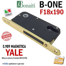 Carica l'immagine nel visualizzatore di Gallery, SERRATURA PORTA INTERNA MAGNETICA B-ONE BONAITI S909 YALE FRONTALE 18X190MM E50 INT85 OTTONE X CILINDRO Frontale esterno 193x21mm con dentello per eurocilindro cilindro chiave sicurezza x esterno 489090501E