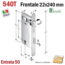 Carica l'immagine nel visualizzatore di Gallery, schema serratura porta interna ottone frontale tondo 22x240mm chiave entrata 50mm interasse 90 540T bonaiti sostituzione