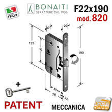 Load image into Gallery viewer, SERRATURA PORTA PATENT FRONTALE 22x190mm BONAITI 820 E50 I90 CROMO CHIAVE scrocco centrale in metallo entrata 5cm interasse 9cm f 19cm x 22mm