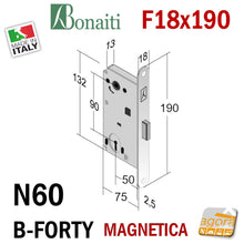 Carica l'immagine nel visualizzatore di Gallery, schema misure serrature magnetiche bonaiti b-forty frontale 18x190mm cromo opaco argento chiave normale per porte reversibili