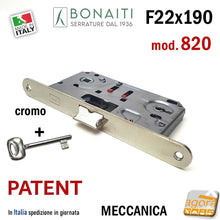 Load image into Gallery viewer, SERRATURA PORTA PATENT FRONTALE 22x190mm BONAITI 820 E50 I90 CROMO CHIAVE scrocco centrale in metallo serrature porte vecchie