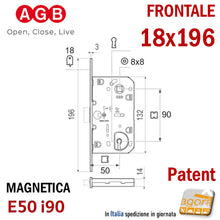 Carica l'immagine nel visualizzatore di Gallery, SERRATURA PORTA INTERNA MAGNETICA PATENT AGB POLARIS 2XT FRONTALE 18X196MM E50 I90 CROMO OPACO SERRATURE ORIGINALI AGB SCROCCO REVERSIBILE SCHEMA TECNICO DISEGNO QUOTATO