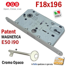 Carica l'immagine nel visualizzatore di Gallery, SERRATURA PORTA INTERNA MAGNETICA PATENT AGB POLARIS 2XT FRONTALE 18X196MM E50 I90 CROMO OPACO SERRATURE ORIGINALI AGB SCROCCO REVERSIBILE