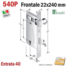 Load image into Gallery viewer, ricambio Serratura porta interna chiave patent frontale rettangolare 22x240mm 540BP 540P Bonaiti 24cm Bronzata Entrata 4 patent E40mm Interasse 90mm OKAY