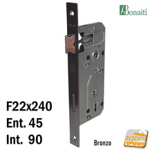 Load image into Gallery viewer, ricambio Serratura porta interna chiave patent frontale rettangolare 22x240mm 540BP 540P Bonaiti 24cm Bronzata Entrata E45mm Interasse 90mm OKAY