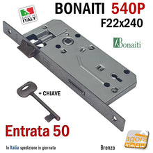 Carica l'immagine nel visualizzatore di Gallery, Serratura porta interna chiave patent frontale rettangolare 22x240mm 540BP 540P Bonaiti 24cm Bronzata Entrata 5cm E50mm Interasse 90mm OKAY