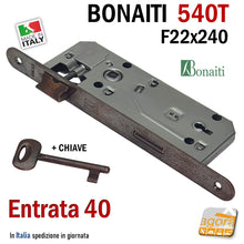 Carica l'immagine nel visualizzatore di Gallery, Ricambio serratura porta OKAY Bonaiti 540T Frontale 22x240mm bronzo bronzata chiave patent Entrata 40mm I90 540BT E40