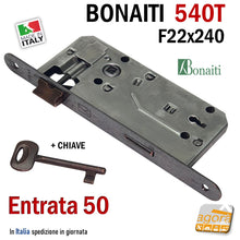 Carica l'immagine nel visualizzatore di Gallery, Ricambio serratura porta OKAY Bonaiti 540T Frontale 22x240mm bronzo bronzata chiave patent Entrata 50mm I90 540BT
