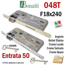 Load image into Gallery viewer, serrature porta interna meccaniche in metallo frontale grande 240x18mm patent chiave Bonaiti entrata 5cm interasse 9cm