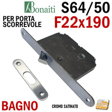 Carica l'immagine nel visualizzatore di Gallery, SERRATURA PORTA SCORREVOLE FRONTALE 22x190mm BONAITI 64 scrigno X BAGNO WC MONETA LIBERO-OCCUPATO CROMO SATINATO