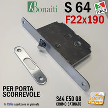 Carica l'immagine nel visualizzatore di Gallery, SERRATURA PER PORTA SCORREVOLE BONAITI S 64/50 F22X190 PER BAGNO (MONETA X WC LIBERO/OCCUPATO) CROMO SATINATO COMPLET DI INCONTRO