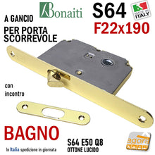 Carica l'immagine nel visualizzatore di Gallery, SERRATURA PORTA SCORREVOLE FRONTALE 22x190mm BONAITI 64 scrigno X BAGNO WC MONETA LIBERO-OCCUPATO OTTONE LUCIDO OTTONATA A GANCIO UNCINO SCORREVOLI QUADRO 8x8MM
