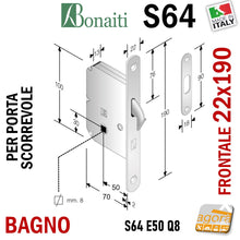 Carica l'immagine nel visualizzatore di Gallery, door lock Bonaiti frontale 22x190mm entrata 50mm serratura per porte scorrevoli scrigno bagno quadro 8mm ottonata e50 gialla ottone lucido dorata