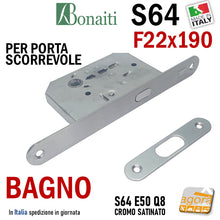 Carica l'immagine nel visualizzatore di Gallery, SERRATURA PORTA SCORREVOLE FRONTALE 22x190mm BONAITI 64/50 X BAGNO WC MONETA LIBERO-OCCUPATO CROMO SATINATO