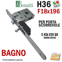 Carica l'immagine nel visualizzatore di Gallery, SERRATURA PORTA SCORREVOLE FRONTALE 18x196mm BONAITI H36+TIR X BAGNO WC MONETA LIBERO-OCCUPATO CROMO OPACO Q8 E50