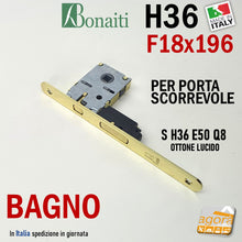 Carica l'immagine nel visualizzatore di Gallery, Serratura G500 H36 Bonaiti per porte scorrevoli con gancio a tirare frontale 196x18mm ottonata