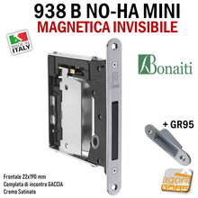 Load image into Gallery viewer, SERRATURA PORTA MAGNETICA B NO-HA MINI BONAITI 938 INVISIBILE PASSAGE FRONTALE 22X190MM E28 CROMO SATINATO +completa di GACCIA contropiastra GR95 cr sat cromata