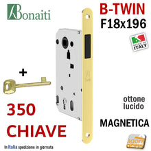 Carica l'immagine nel visualizzatore di Gallery, SERRATURA PORTA MAGNETICA B-TWIN BONAITI 350 CHIAVE PATENT FRONTALE 18X196MM E50 I90 OTTONE