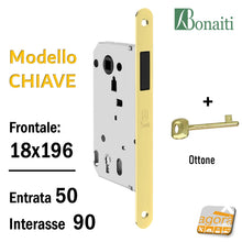 Carica l'immagine nel visualizzatore di Gallery, SERRATURA PORTA MAGNETICA B-TWIN BONAITI 350 CHIAVE PATENT FRONTALE 18X196MM E50 I90 OTTONE ENTRATA 5CM INTERASSE 9CM
