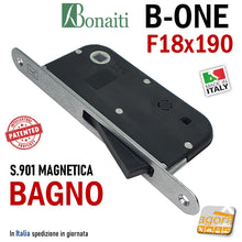 Carica l'immagine nel visualizzatore di Gallery, SERRATURA PORTA INTERNA MAGNETICA B-ONE BONAITI S901 BAGNO WC FRONTALE 18X190MM E50 INT90 CROMO SATINATO libero-occupato moneta trasformazione porta con chiave a porta con maniglietta