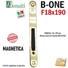 Carica l'immagine nel visualizzatore di Gallery, SERRATURA PORTA INTERNA MAGNETICA B-ONE BONAITI S909 YALE FRONTALE 18X190MM E50 INT85 OTTONE X CILINDRO Frontale esterno 193x21mm con dentello per eurocilindro cilindro chiave sicurezza x esterno 489090501E brillante