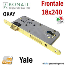 Carica l'immagine nel visualizzatore di Gallery, SERRATURA PORTA FRONTALE 18x240mm YALE BONAITI C18T-50 OTTONE E50 I85 entrata 5cm interasse 8,5cm ottonata cilindro OKAY