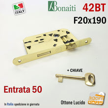 Carica l'immagine nel visualizzatore di Gallery, SERRATURA PORTA FRONTALE 20x190mm TONDO E50 I70 BONAITI 42T OTTONE PATENT PICCOLA +CHIAVE nuova originale