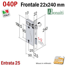 Load image into Gallery viewer, Serratura porta interna Patent Grande Bonaiti 040BP bordo rettangolare quadrato frontale 22x240mm entrata 25mm interasse 90mm quote misure disegno
