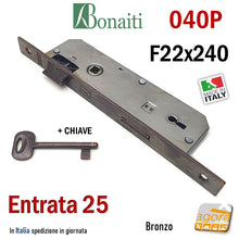 Load image into Gallery viewer, Serratura porta interna Patent Grande Bonaiti 040BP bordo rettangolare quadrato frontale 22x240mm entrata 25mm interasse 90mm