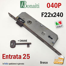 Load image into Gallery viewer, Serratura porta interna Patent Grande Bonaiti 040BP bordo rettangolare quadrato frontale 22x240mm entrata 25mm interasse 90mm 48040025MC