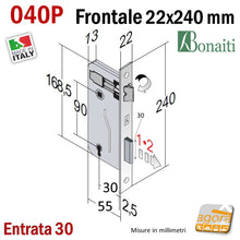 Carica l'immagine nel visualizzatore di Gallery, SERRATURA PORTA PATENT FRONTALE 22x240mm RETTANGOLARE BONAITI 040P E30 I90 CROMO SAT +CHIAVE entrata 3cm frontale 24cm quadro