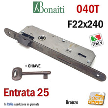 Carica l'immagine nel visualizzatore di Gallery, SERRATURA PORTA PATENT FRONTALE 22x240mm 40BT TONDO BONAITI 040T BRONZO E25 I90 con CHIAVE