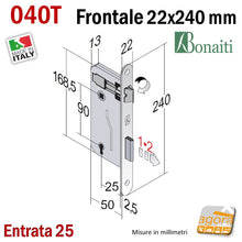 Carica l'immagine nel visualizzatore di Gallery, SERRATURA PORTA PATENT FRONTALE 22x240mm BORDO TONDO BONAITI 040T BRONZO Entrata 25 Interasse 90mm CHIAVE disegno misure