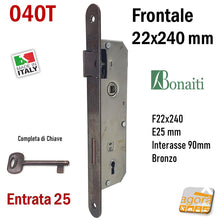 Carica l'immagine nel visualizzatore di Gallery, SERRATURA PORTA PATENT FRONTALE F 240 x 22 mm BORDO TONDO BONAITI 040T BRONZO Entrata E 25 mm Interasse I 90 mm con CHIAVE Bronzata Bronzo