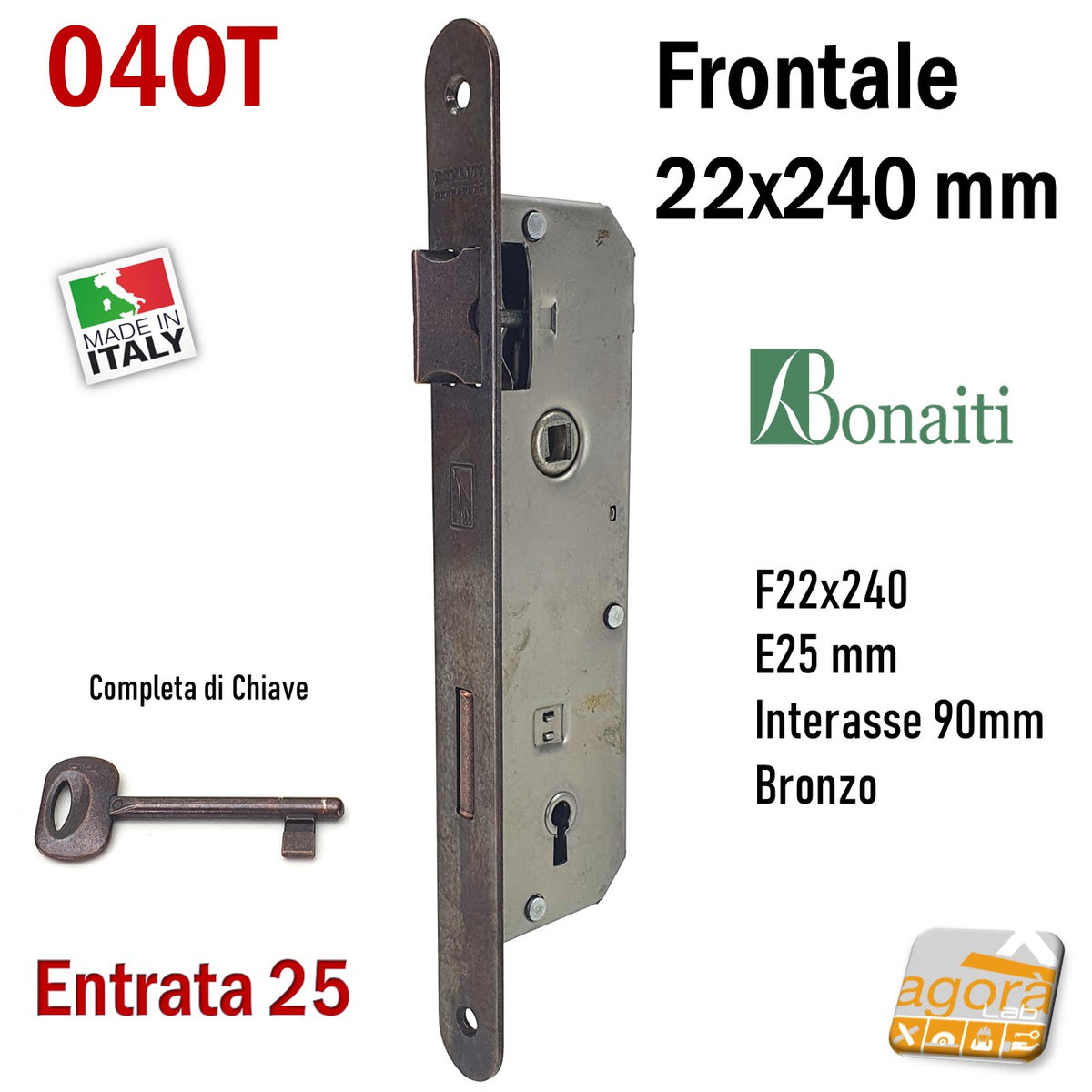 SERRATURA PORTA PATENT FRONTALE 22x240mm BONAITI 040T E25 I90 CHIAVE serratura-porta-patent-frontale-22x240mm-bonaiti-040t-e25-i90-chiave