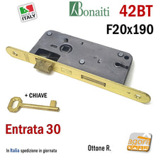 Carica l'immagine nel visualizzatore di Gallery, SERRATURA PORTA FRONTALE 20x190mm TONDO E30 I70 BONAITI 42T ottone PATENT PICCOLA con CHIAVE OTTONATA FRONTALE 19CM INTERASSE 7CM