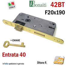 Carica l'immagine nel visualizzatore di Gallery, SERRATURA PORTA FRONTALE 20x190mm TONDO E40 I70 BONAITI 42T OTTONE PATENT PICCOLA con CHIAVE 042T 42BT OTTONATA FRONTALE 19CM X 2CM ENTRATA 4CM