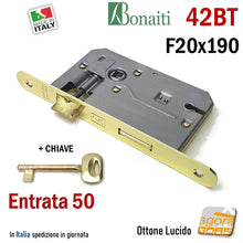 Carica l'immagine nel visualizzatore di Gallery, Serratura porta interna meccanica bonaiti 42BT bordo tondo frontale 19x2cm ottone lucido patent chiave normale entrata 5cm