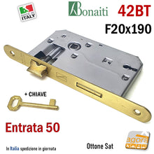 Carica l'immagine nel visualizzatore di Gallery, SERRATURA PORTA FRONTALE 20x190mm TONDO E50 I70 BONAITI 42T OTTONE SAT PATENT PICCOLA CON CHIAVE ENTRATA 5CM