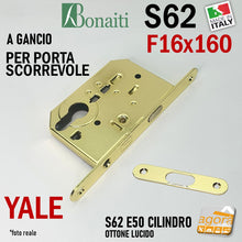 Load image into Gallery viewer, vista lato dorato serratura per porte scrigno scorrevoli a scorrimento f16x160mm con cilindro yale ottone entrata 50mm senza quadro maniglia solo foro cilindro