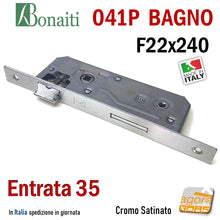 Carica l'immagine nel visualizzatore di Gallery, SERRATURA PORTA PATENT GRANDE BAGNO FRONTALE 22x240mm QUADRO BONAITI 041P-35 CROMO E35 I90 frontale rettangolare 240x22 entrata 35mm interasse 9cm wc toilet moneta doppio quadro
