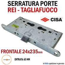 Load image into Gallery viewer, SERRATURA PORTA REI TAGLIAFUOCO YALE FRONTALE 24x235mm E65 I72 CISA SCROCCO 43000-65