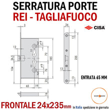 Load image into Gallery viewer, SERRATURA PORTA REI TAGLIAFUOCO YALE FRONTALE 24x235mm E65 I72 CISA SCROCCO misure