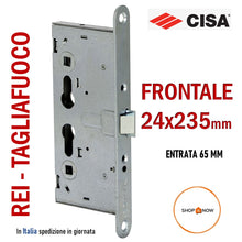 Load image into Gallery viewer, SERRATURA PORTA REI TAGLIAFUOCO YALE FRONTALE 24x235mm E65 I72 CISA SCROCCO serrature per porte di sicurezza