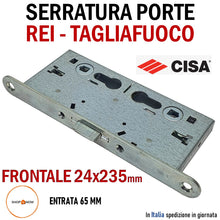 Load image into Gallery viewer, SERRATURA PORTA REI TAGLIAFUOCO YALE FRONTALE 24x235mm E65 I72 CISA 43020-65 entrata 65mm interasse 72mm Originale CISA porte zincata bianca in acciaio