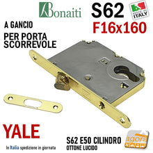 Load image into Gallery viewer, SERRATURA PORTA SCORREVOLE GANCIO FRONTALE F16x160mm BONAITI 62 E50 OTTONE LUCIDO YALE CON INCONTRO SCRIGNO KIT GACCIA MODELLO PER EUROCILINDRO CILINDRO DI SICUREZZA DOOR LOCK