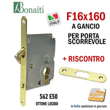 Load image into Gallery viewer, SERRATURA PORTA SCORREVOLE GANCIO FRONTALE F16x160mm BONAITI 62 E50 OTTONE LUCIDO YALE CON INCONTRO SCRIGNO KIT GACCIA MODELLO PER EUROCILINDRO CILINDRO DI SICUREZZA