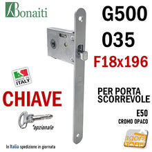 Carica l'immagine nel visualizzatore di Gallery, Serratura per porta scorrevole scrigno bonaiti chiave a spillo frontale f 196 x 18 mm a gancio G500 035 argento entrata 5 cm serrature porte originali ricambio